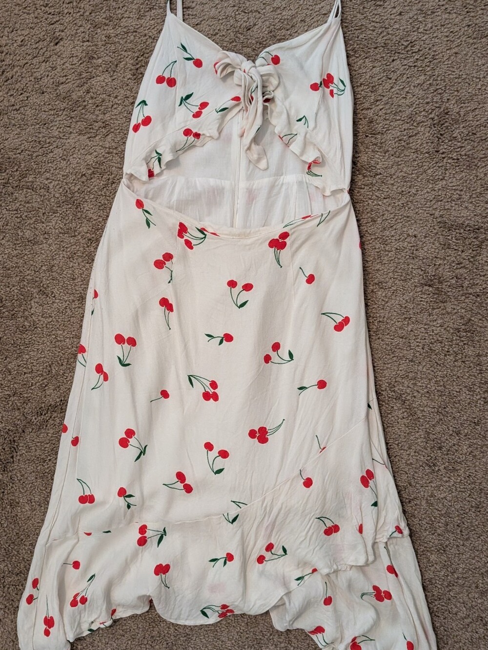 Cream Cherry-Print Tie-Front Midi Dress